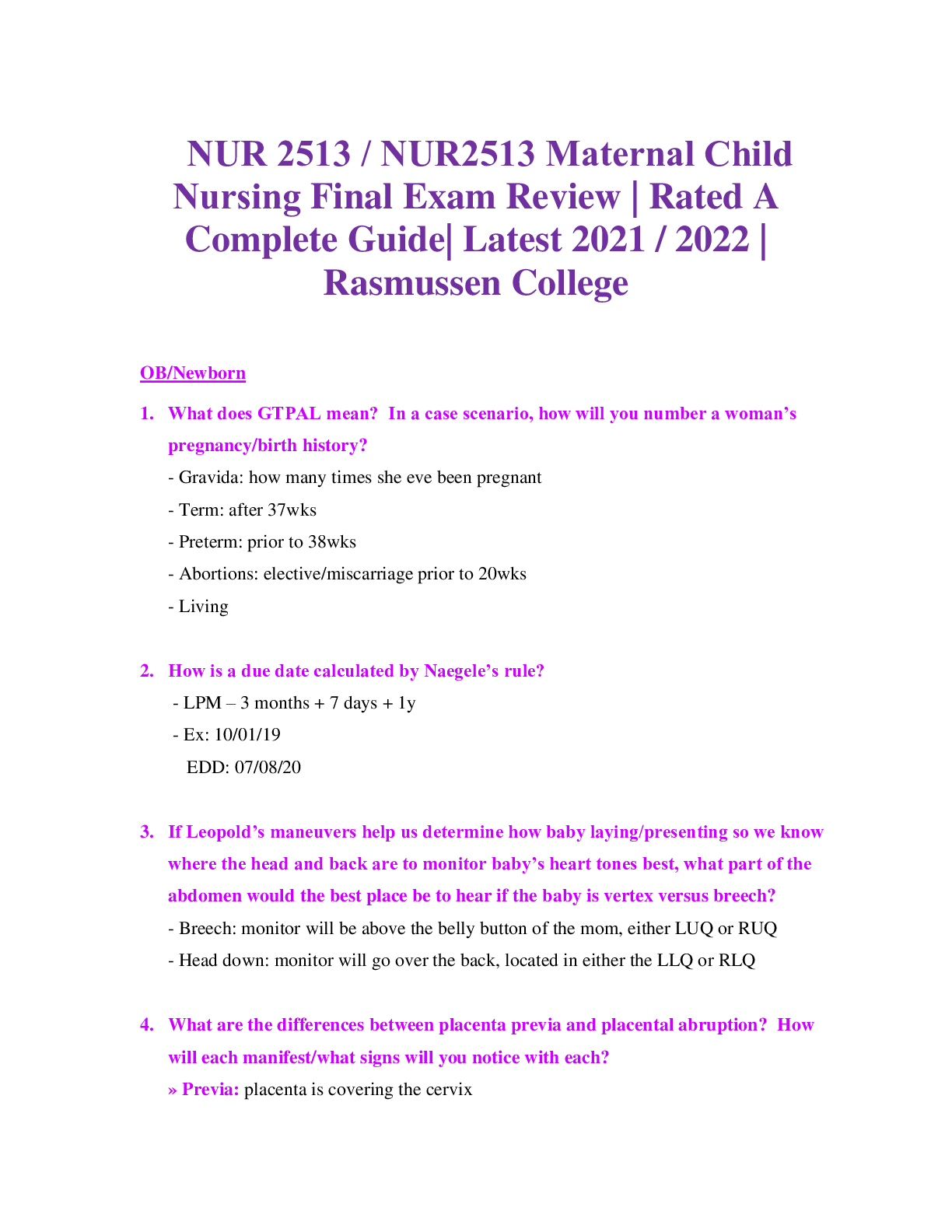 Preview image for NUR 2513 / NUR2513 Maternal Child Nursing Final Exam Review | Rated A Complete Guide | Rasmussen College